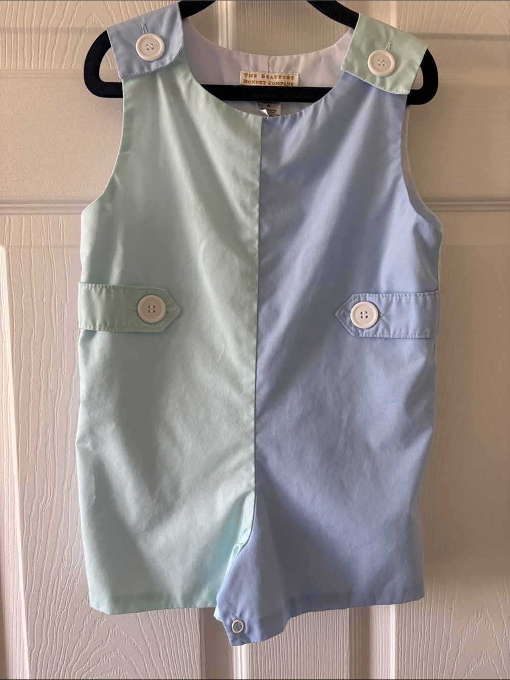 The Beaufort Bonnet Company Pastel Blue and Mint Colorblock Boys Overalls